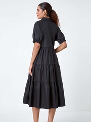 Roman Black Plain 100% Cotton Tiered Midi Shirt Dress - Image 3 of 5