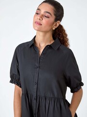 Roman Black Plain 100% Cotton Tiered Midi Shirt Dress - Image 4 of 5