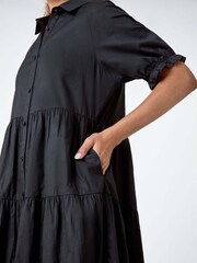 Roman Black Plain 100% Cotton Tiered Midi Shirt Dress - Image 5 of 5
