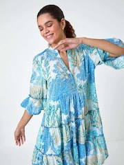 Roman Blue Embroidered Cotton Printed Frill Smock Dress - Image 1 of 5