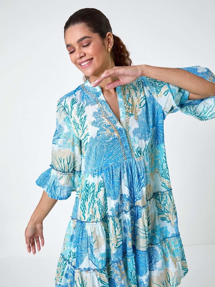 Roman Blue Embroidered Cotton Printed Frill Smock Dress - Image 1 of 5