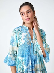 Roman Blue Embroidered Cotton Printed Frill Smock Dress - Image 2 of 5
