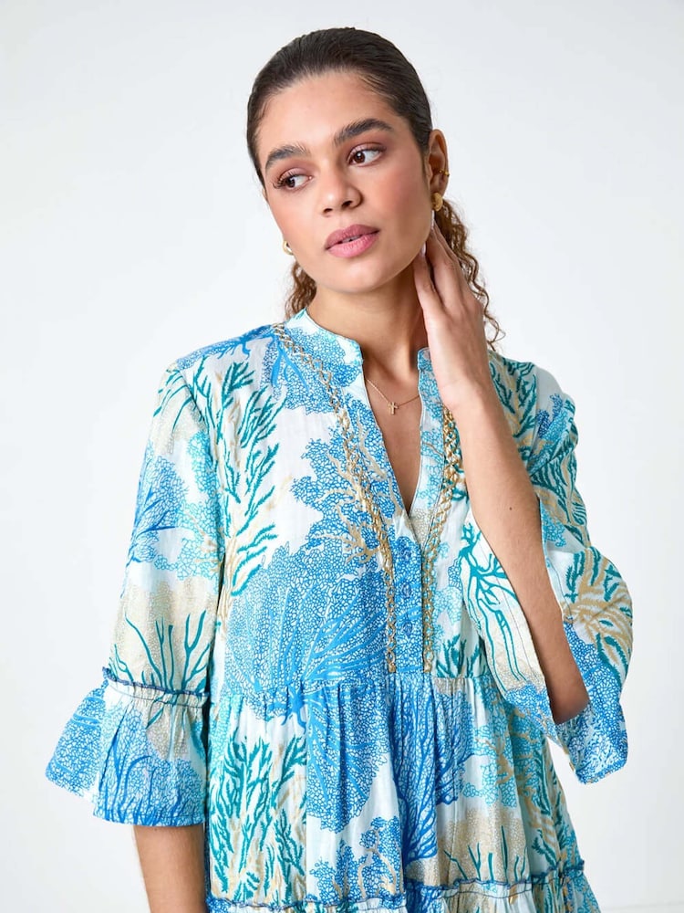 Roman Blue Embroidered Cotton Printed Frill Smock Dress - Image 2 of 5