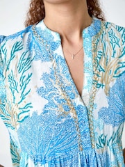 Roman Blue Embroidered Cotton Printed Frill Smock Dress - Image 3 of 5