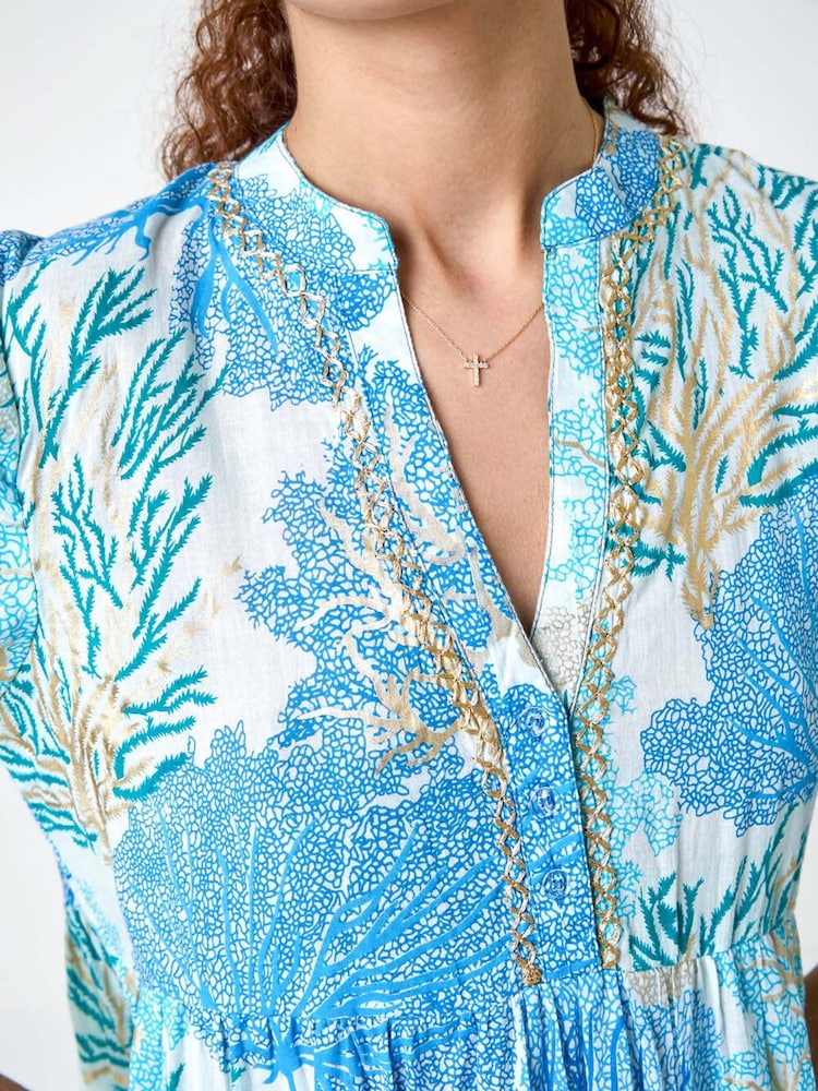 Roman Blue Embroidered Cotton Printed Frill Smock Dress - Image 3 of 5