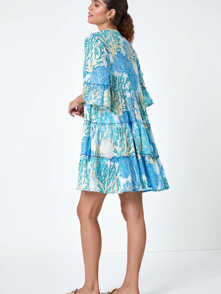 Roman Blue Embroidered Cotton Printed Frill Smock Dress - Image 4 of 5