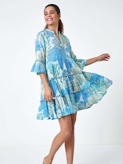 Roman Blue Embroidered Cotton Printed Frill Smock Dress - Image 5 of 5