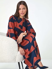 Roman Red Geometric Colourblock Print Midi Dress - Image 2 of 5