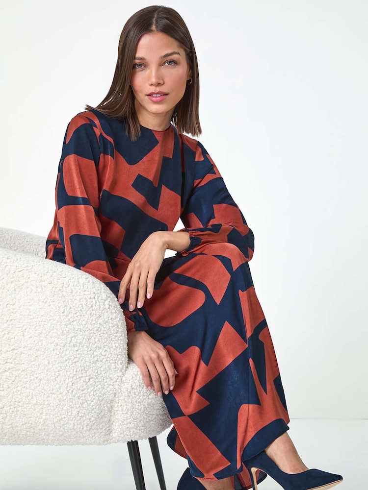 Roman Red Geometric Colourblock Print Midi Dress - Image 2 of 5