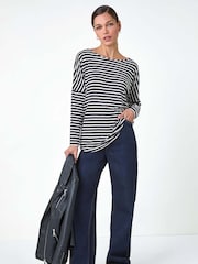 Roman Black Relaxed Stripe Print Long Sleeve Stretch T-Shirt - Image 1 of 5