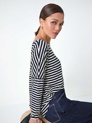 Roman Black Relaxed Stripe Print Long Sleeve Stretch T-Shirt - Image 2 of 5