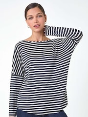 Roman Black Relaxed Stripe Print Long Sleeve Stretch T-Shirt - Image 3 of 5
