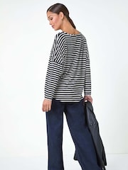 Roman Black Relaxed Stripe Print Long Sleeve Stretch T-Shirt - Image 4 of 5