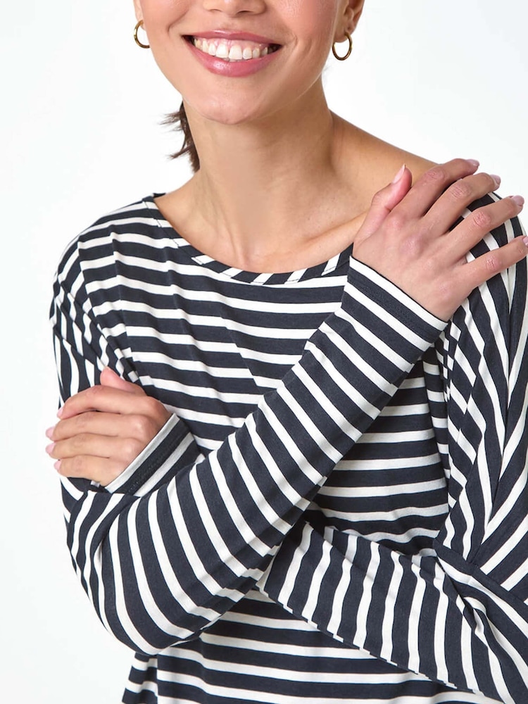 Roman Black Relaxed Stripe Print Long Sleeve Stretch T-Shirt - Image 5 of 5