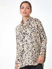 Roman Natural Animal Print Cowl Neck Tunic Top - Image 4 of 5