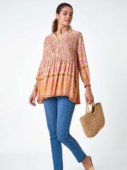 Roman Pink Boho Floral Print Shirred Tunic Top - Image 1 of 5