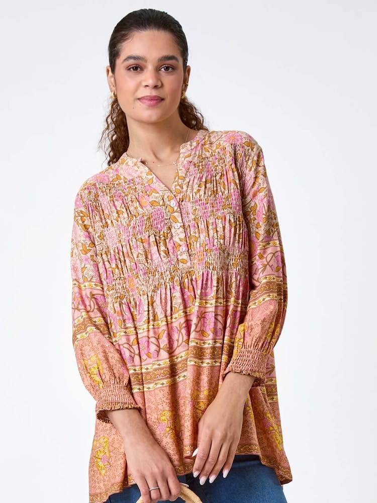 Roman Pink Boho Floral Print Shirred Tunic Top - Image 2 of 5
