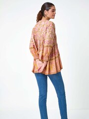 Roman Pink Boho Floral Print Shirred Tunic Top - Image 3 of 5