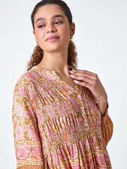 Roman Pink Boho Floral Print Shirred Tunic Top - Image 4 of 5