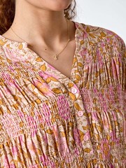 Roman Pink Boho Floral Print Shirred Tunic Top - Image 5 of 5