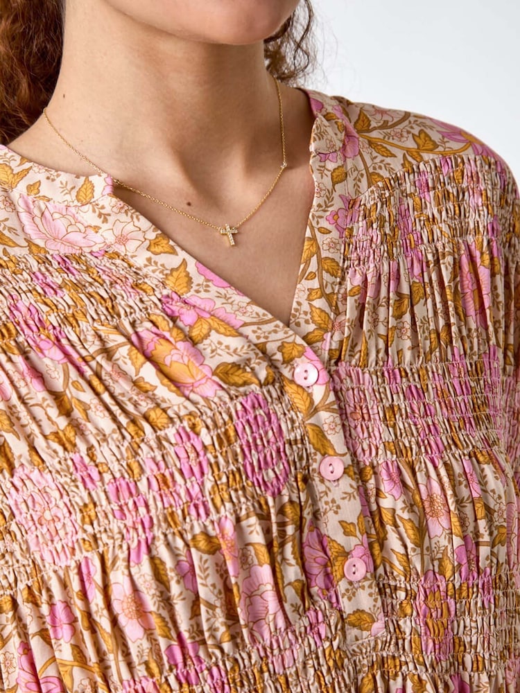 Roman Pink Boho Floral Print Shirred Tunic Top - Image 5 of 5