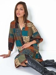 Roman Green Paisley Patchwork Print V-Neck Smock Dress - Image 1 of 6