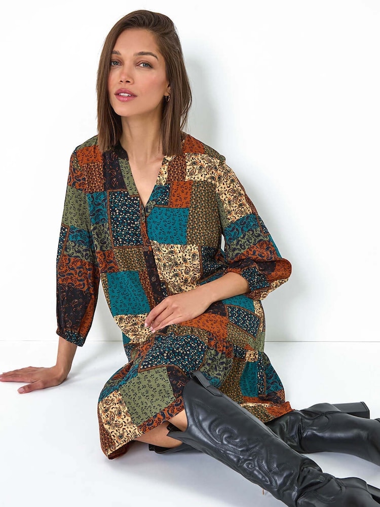Roman Green Paisley Patchwork Print V-Neck Smock Dress - Image 1 of 6