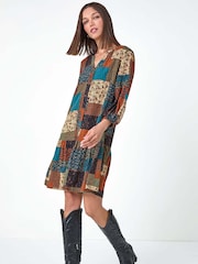 Roman Green Paisley Patchwork Print V-Neck Smock Dress - Image 3 of 6