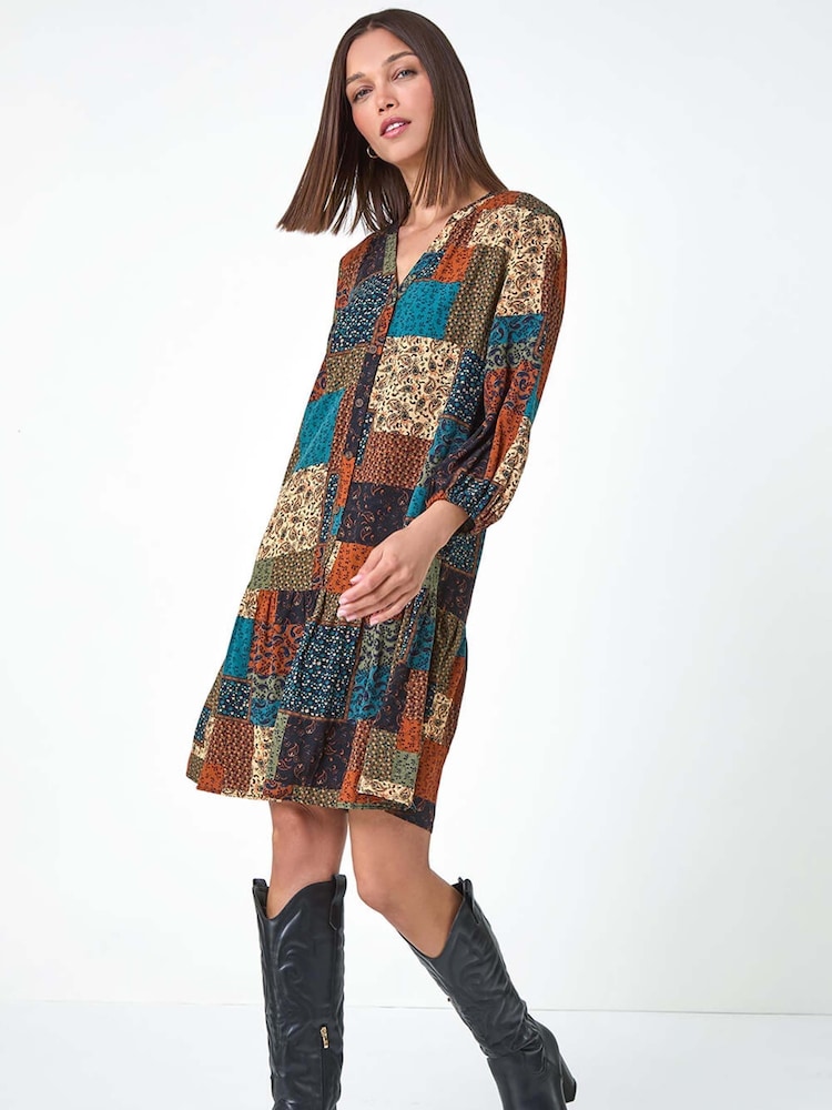 Roman Green Paisley Patchwork Print V-Neck Smock Dress - Image 3 of 6