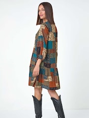 Roman Green Paisley Patchwork Print V-Neck Smock Dress - Image 4 of 6
