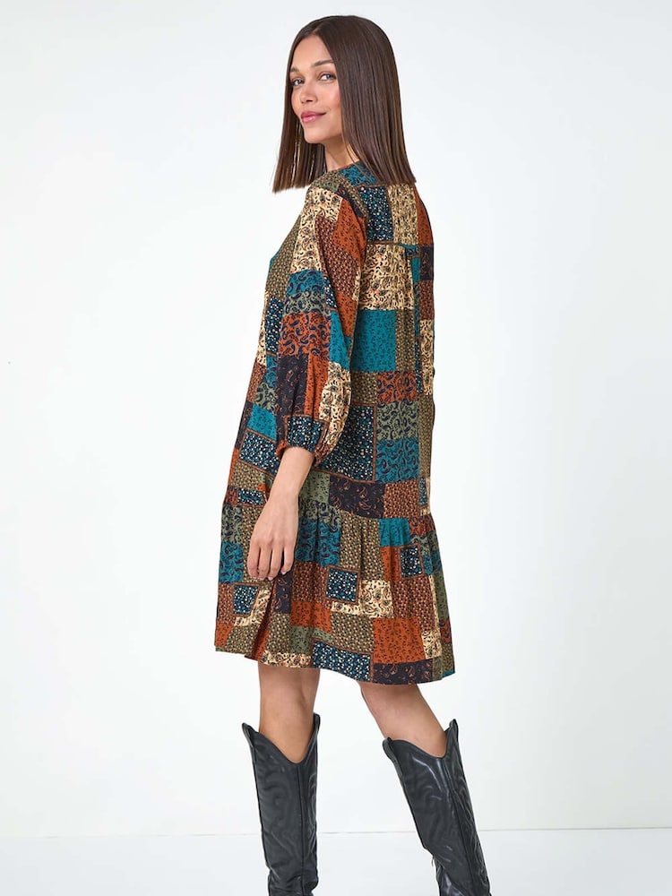 Roman Green Paisley Patchwork Print V-Neck Smock Dress - Image 4 of 6