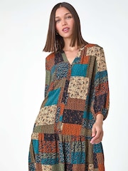 Roman Green Paisley Patchwork Print V-Neck Smock Dress - Image 5 of 6