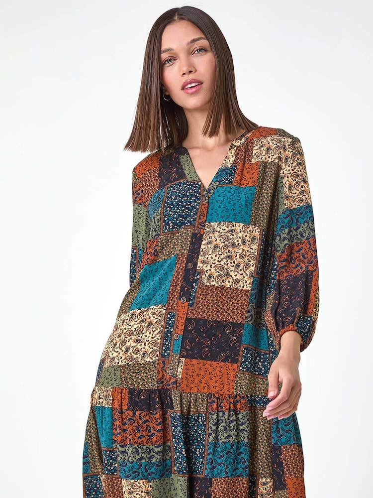 Roman Green Paisley Patchwork Print V-Neck Smock Dress - Image 5 of 6