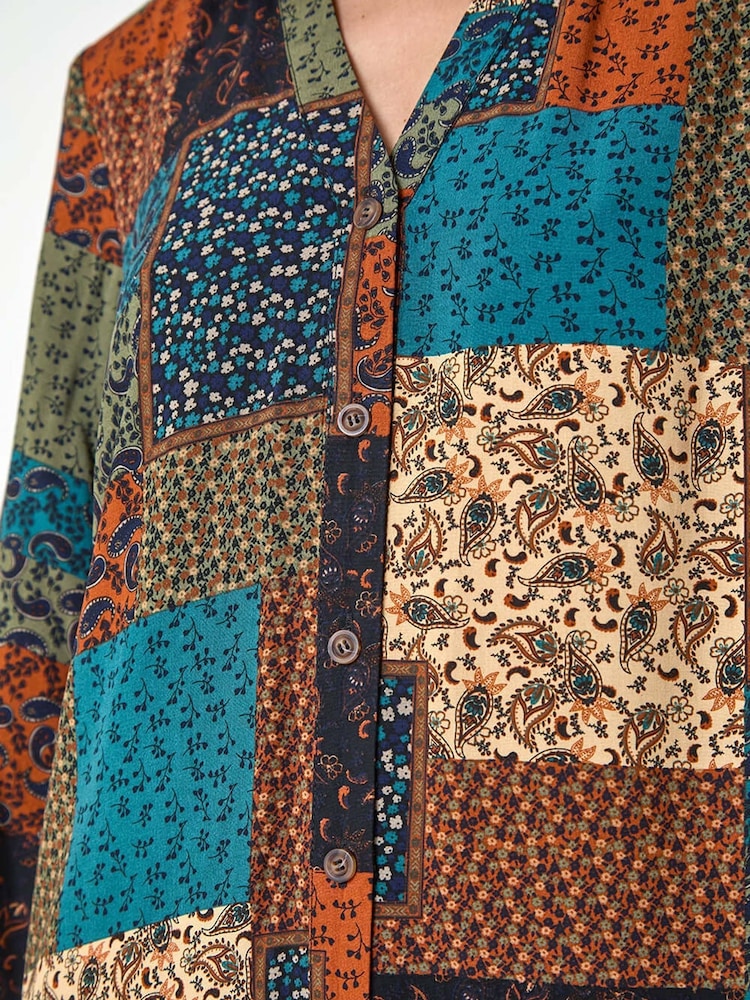 Roman Green Paisley Patchwork Print V-Neck Smock Dress - Image 6 of 6