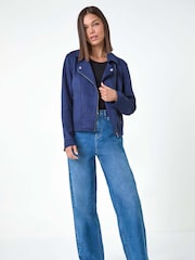 Roman Blue Faux Suede Biker Jacket - Image 4 of 5
