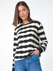 Roman Black Striped Scallop Cotton Blend Tie Jumper - Image 1 of 5