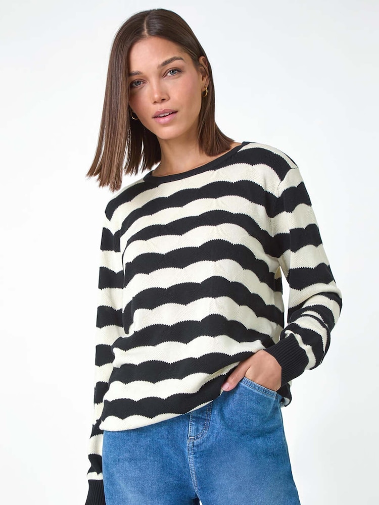Roman Black Striped Scallop Cotton Blend Tie Jumper - Image 1 of 5