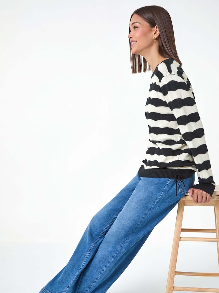 Roman Black Striped Scallop Cotton Blend Tie Jumper - Image 2 of 5
