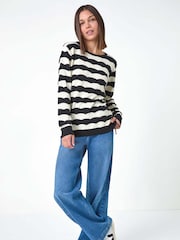 Roman Black Striped Scallop Cotton Blend Tie Jumper - Image 3 of 5