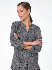 Roman Black Textured Paisley Print Stretch Blouse - Image 1 of 6
