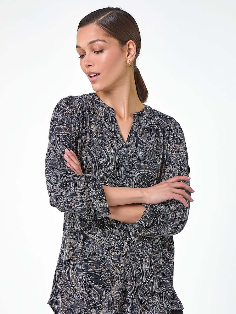 Negro - Roman Textured Paisley Print Stretch Blouse - Imagen 1 de 6 Negro - Roman Textured Paisley Print Stretch Blouse - Imagen 1 de 6