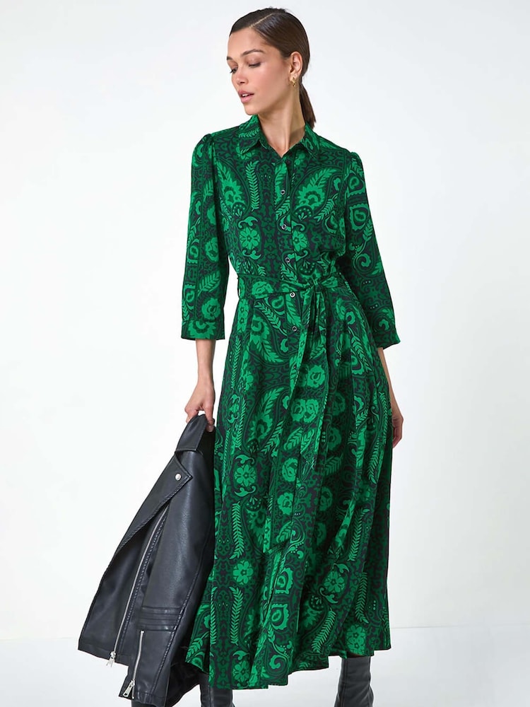 Roman Green Floral Leaf Print Midi Shirt Dress - Image 1 of 5