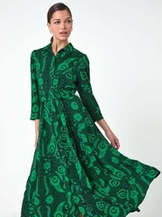 Roman Green Floral Leaf Print Midi Shirt Dress - Image 2 of 5