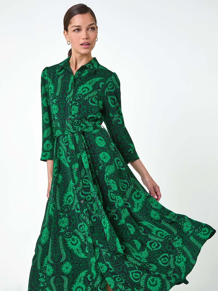 Roman Green Floral Leaf Print Midi Shirt Dress - Image 2 of 5 Roman Green Floral Leaf Print Midi Shirt Dress - Image 2 of 5
