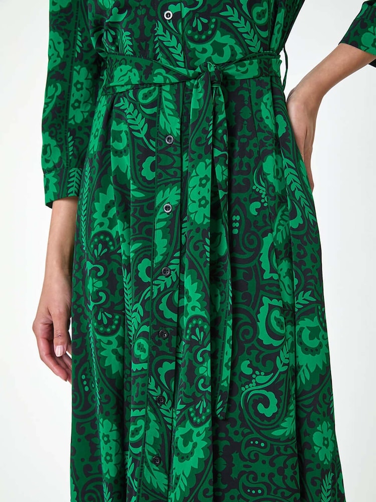 Roman Green Floral Leaf Print Midi Shirt Dress - Image 5 of 5 Roman Green Floral Leaf Print Midi Shirt Dress - Image 5 of 5