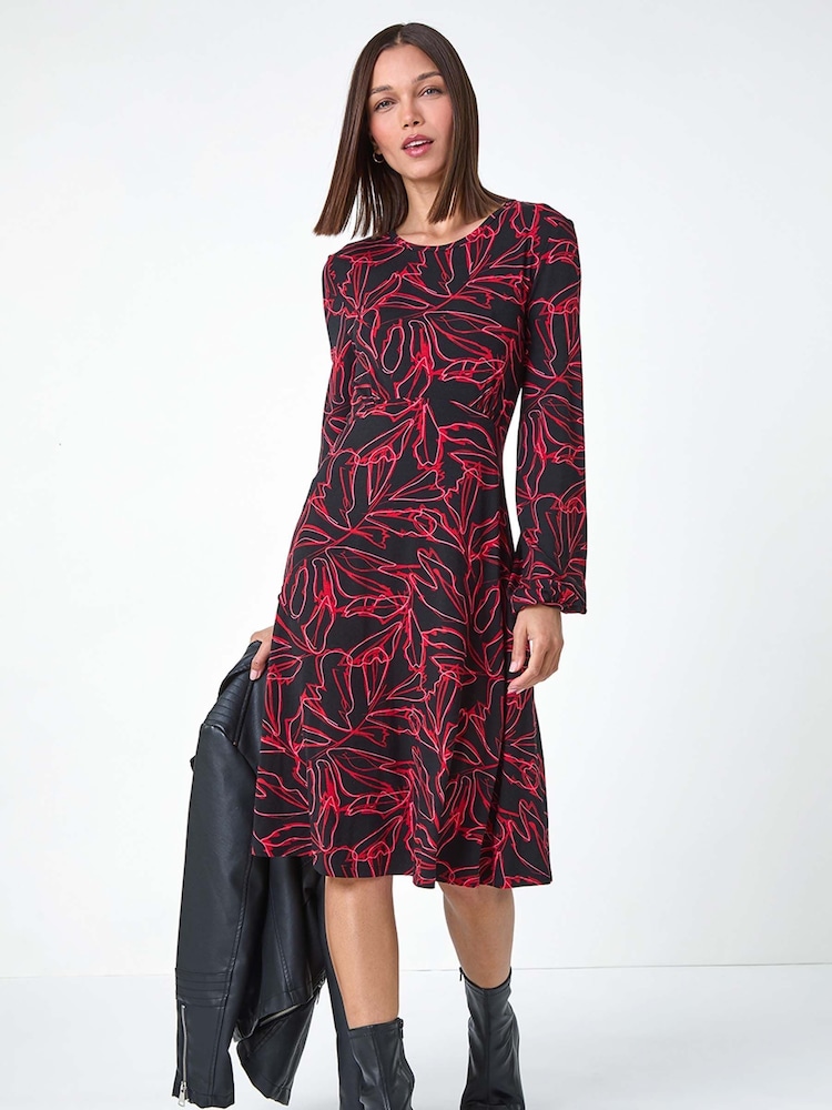 Roman Red Leaf Print Stretch Tea Dress - Image 1 of 5