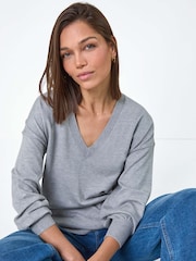 Roman Grey Plain V-Neck Stretch Jumper - Image 1 of 5