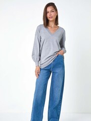 Roman Grey Plain V-Neck Stretch Jumper - Image 2 of 5