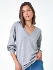 Roman Grey Plain V-Neck Stretch Jumper - Image 4 of 5
