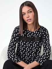 Roman Black Spot Print Lace Trim Stretch Top - Image 1 of 5